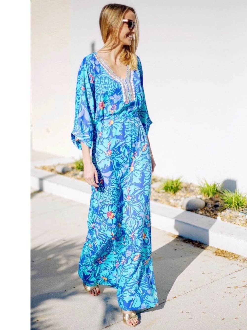 Rare Lilly Pulitzer Wilda Maxi Caftan dress Iris Blue Mai Tai Size XS with belt